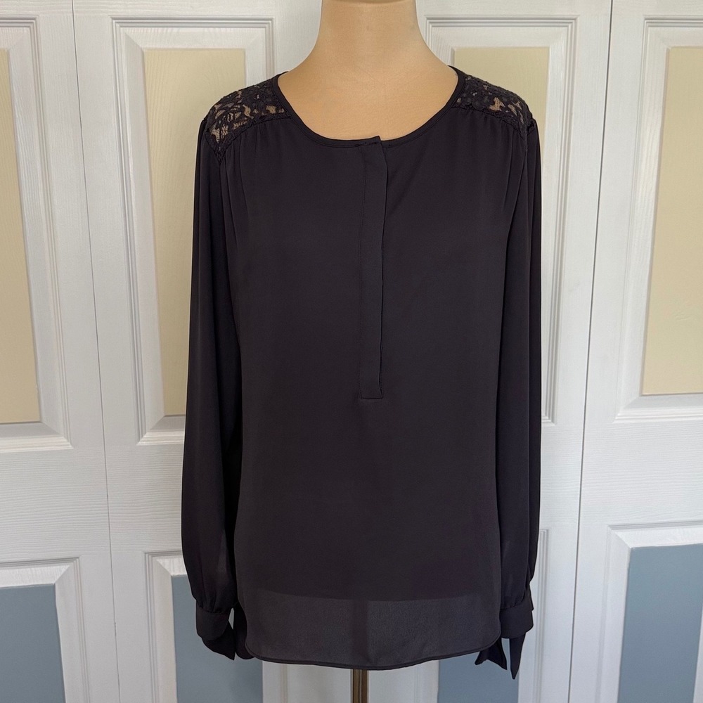 Banana Republic Womens Lace Yoke Tie Cuff Blouse Dark Navy 872487-01 Small